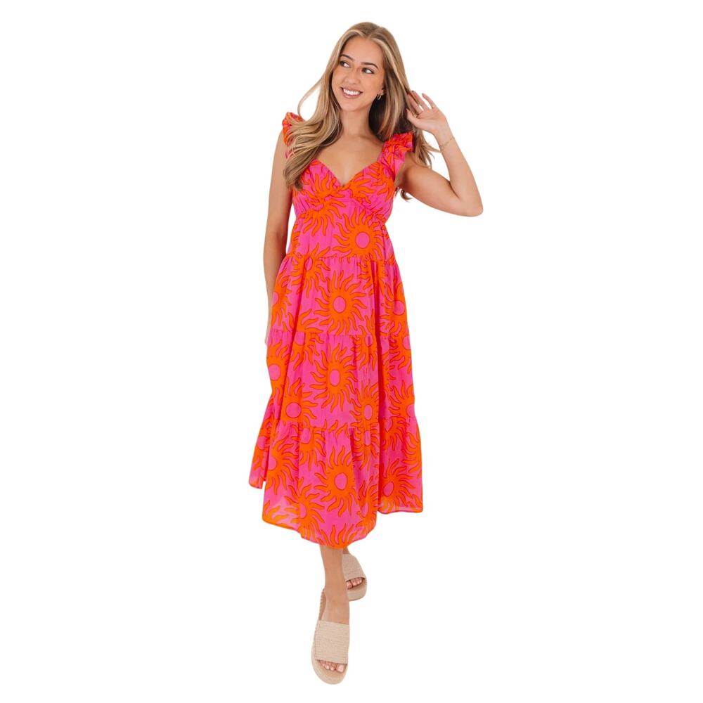 J.Marie $180 The Mara Ruffle Strap Tie Boho Pink Orange Midi Dress Size L